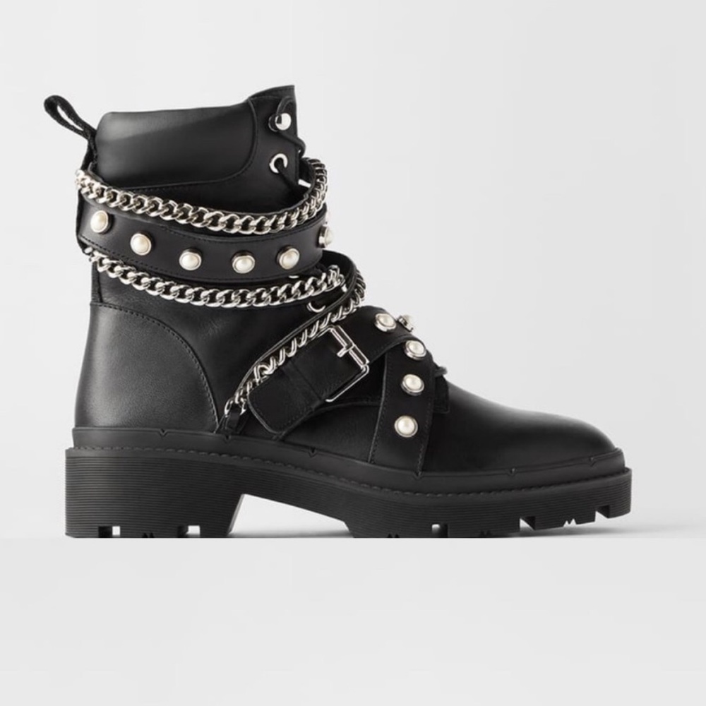 Zara Black Moto Studded Chain Pearl Embellished Boots